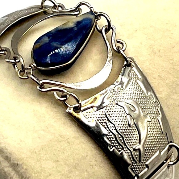 Vintage Mexican Alpaca Silver Bracelet With Genuine Lapis Drop Pendant - Picture 2 of 7